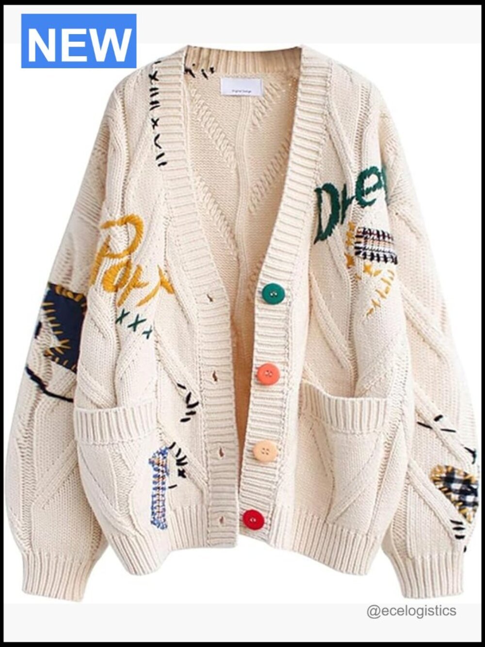 Open Front Cable Knit Cardigan with Embroidery